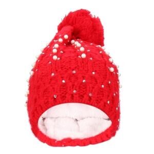 Winter Cold Weather Hat Fleece Lined Beanie - pearls and pom pom!